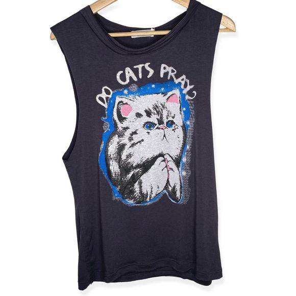 LMK Landscape Tops - Do Cats Pray Raw Hem Graphic Muscle Tank
